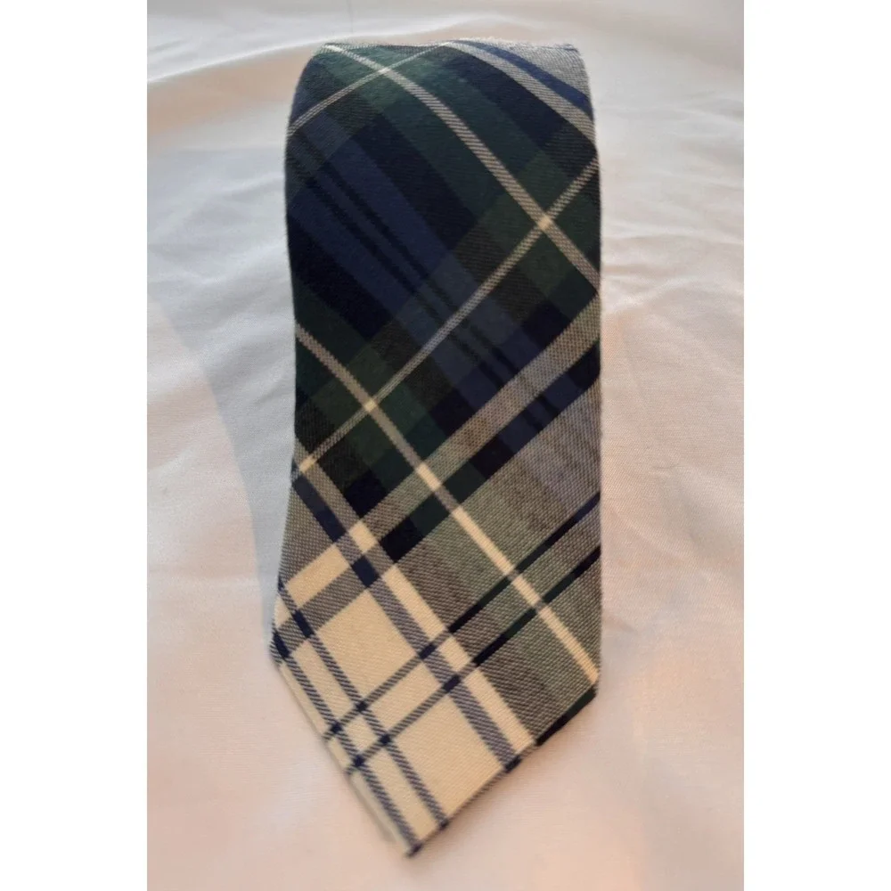 J.Crew Mens Plaid Necktie Navy Blue Green White Wool Silk Blend‎ Woven Tie